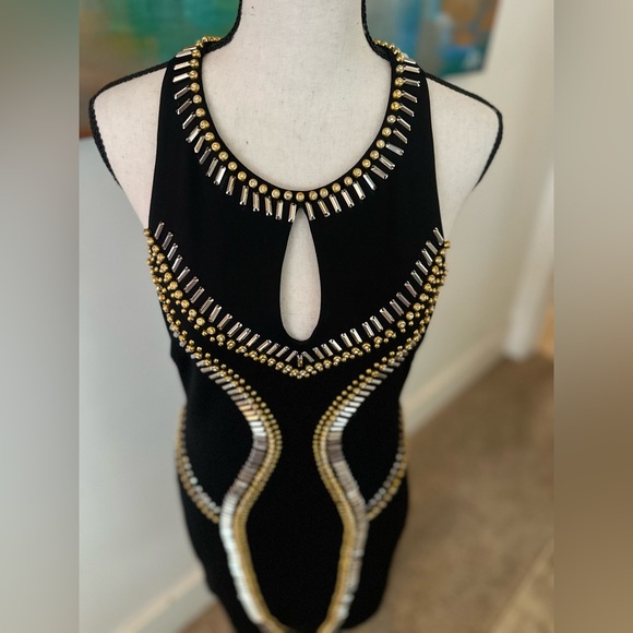 Bebe Bodycon Stretch Ponte Beaded High Neck Scoop Back Cocktail Mini Dress M - Picture 3 of 14